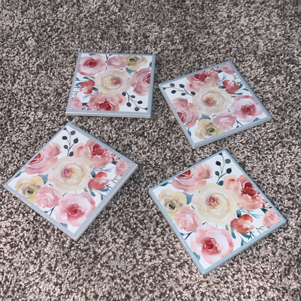 4 Pink and Yellow Rose Floral Themed Ceramic Coasters with Cork Backs